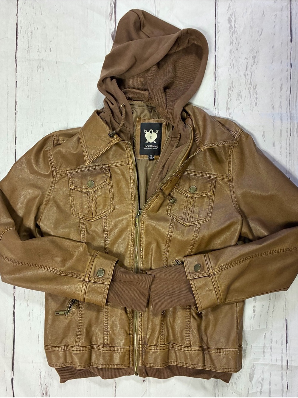 Lock & Love Brown Faux Leather Hooded Jacket